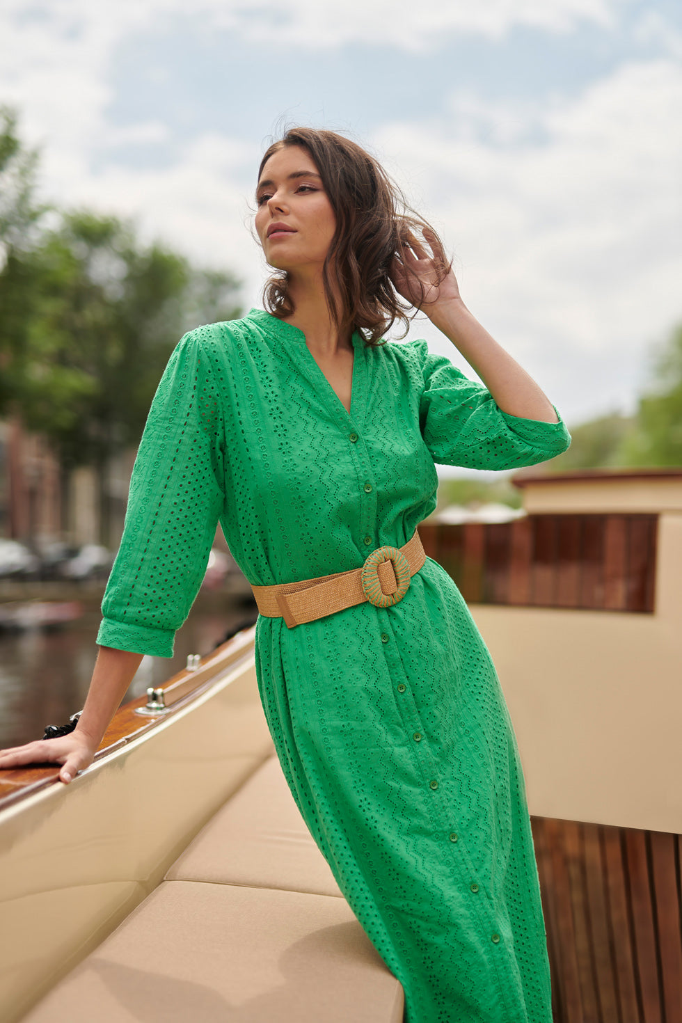 25146 Fel Midi Brie Anglaise Jurk Met Knoopsluiting | Green
