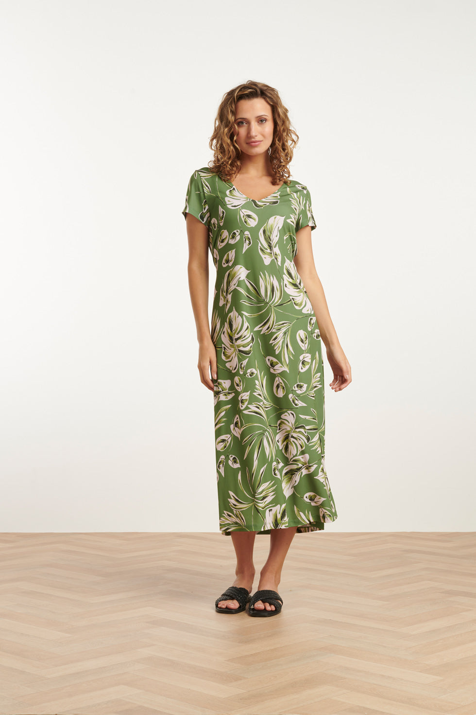 25159 Leaf Print Stretch Midi Jurk | Army-Light Green