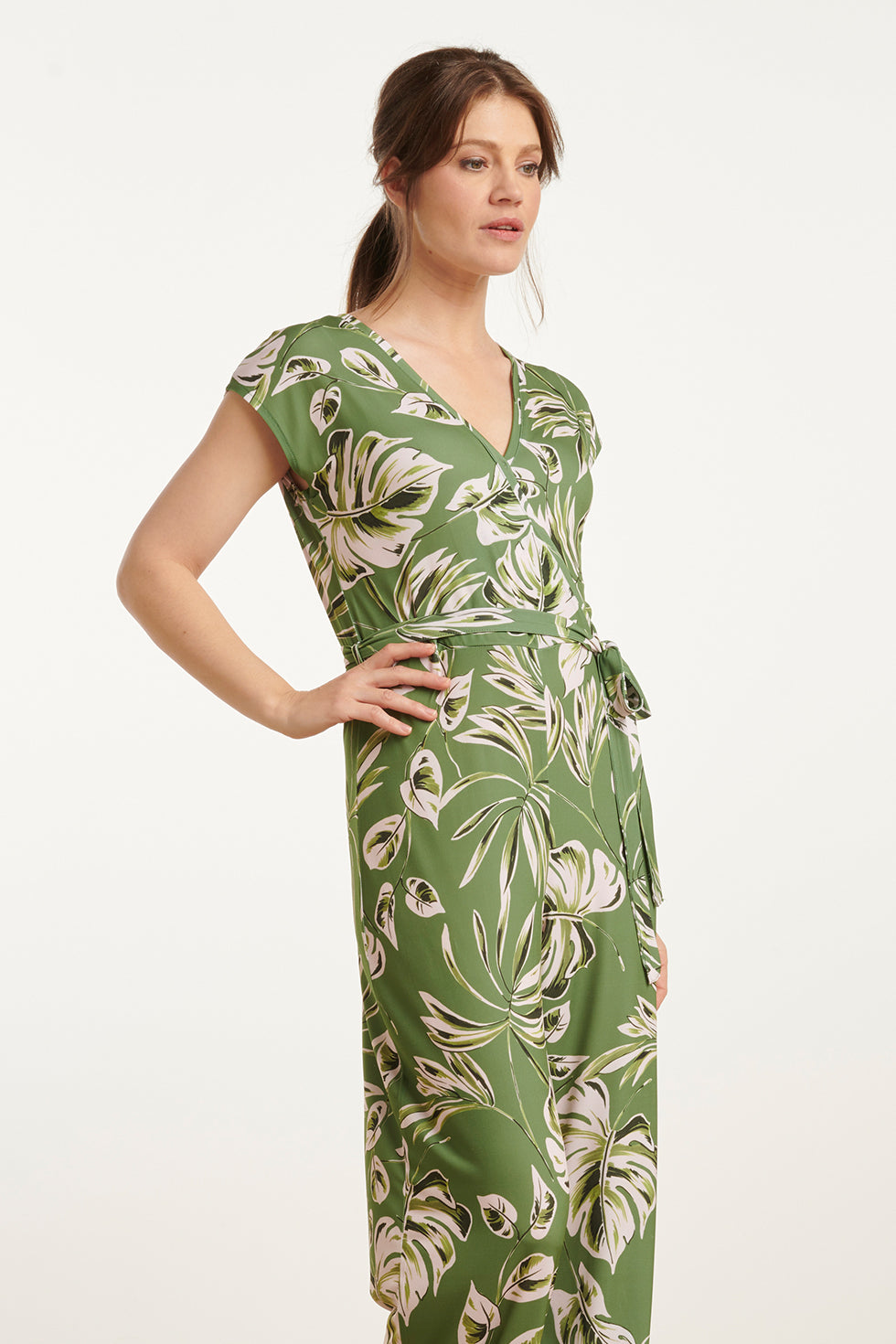 25160 Leaf Print Stretch Jumpsuit | Army-Light Green