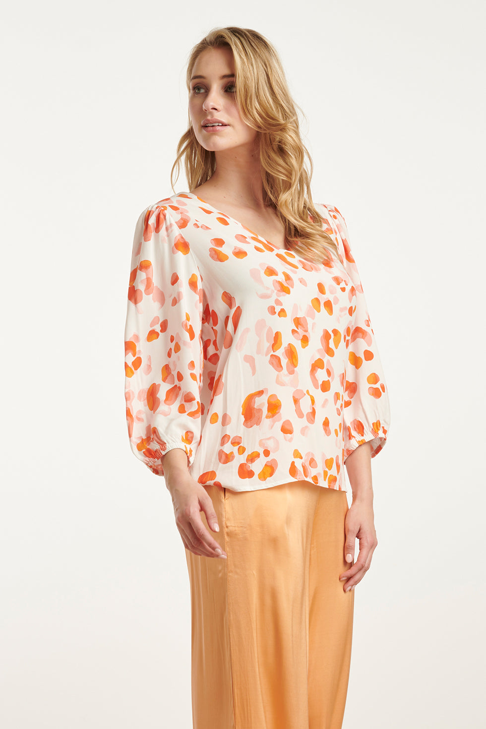 25164 Perzik Animal Print Top Met V-Hals | Orange-Multicolour