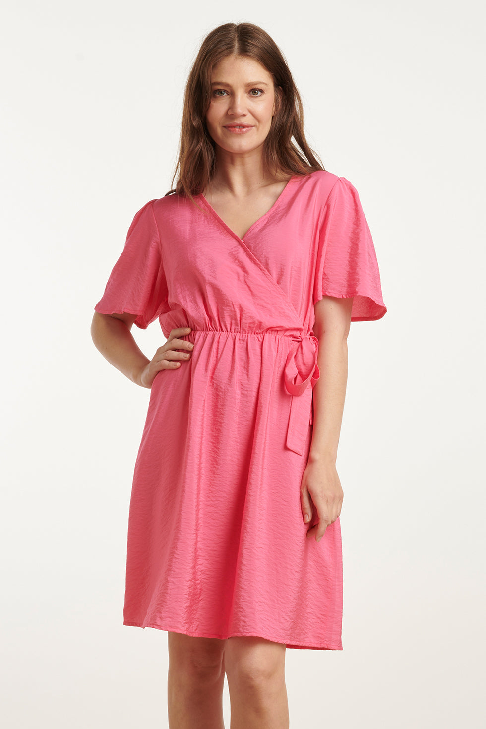 25170 Fuchsia Zomerjurk Met Overlap V-Hals | Pink