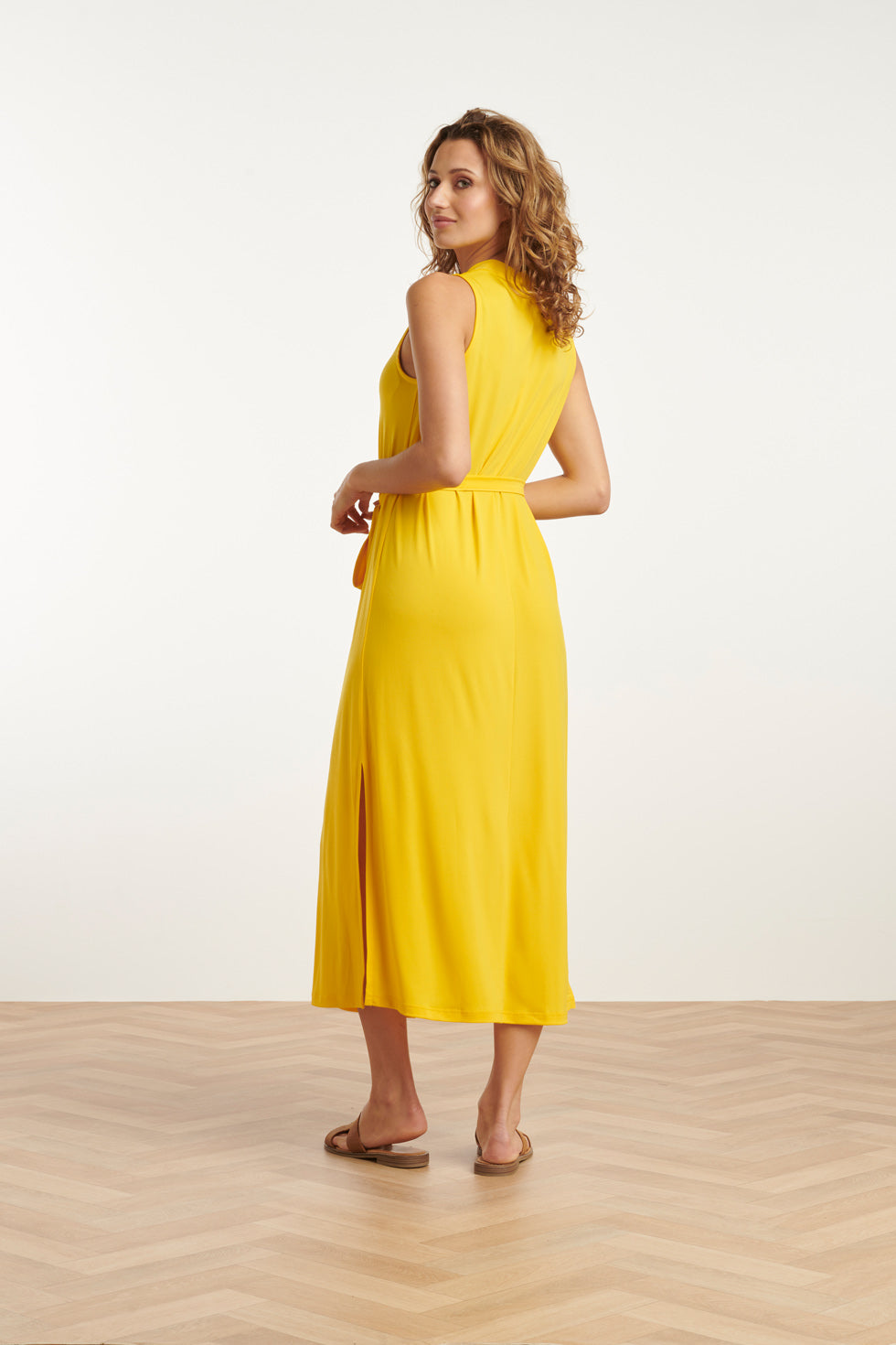 25173 Stretch Midi Jurk Met V-Hals | Yellow