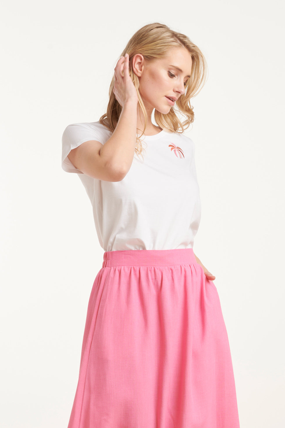 25229 Te Katoenen T-Shirt Met Palm Printborduurwerkperzik | White-Multicolour