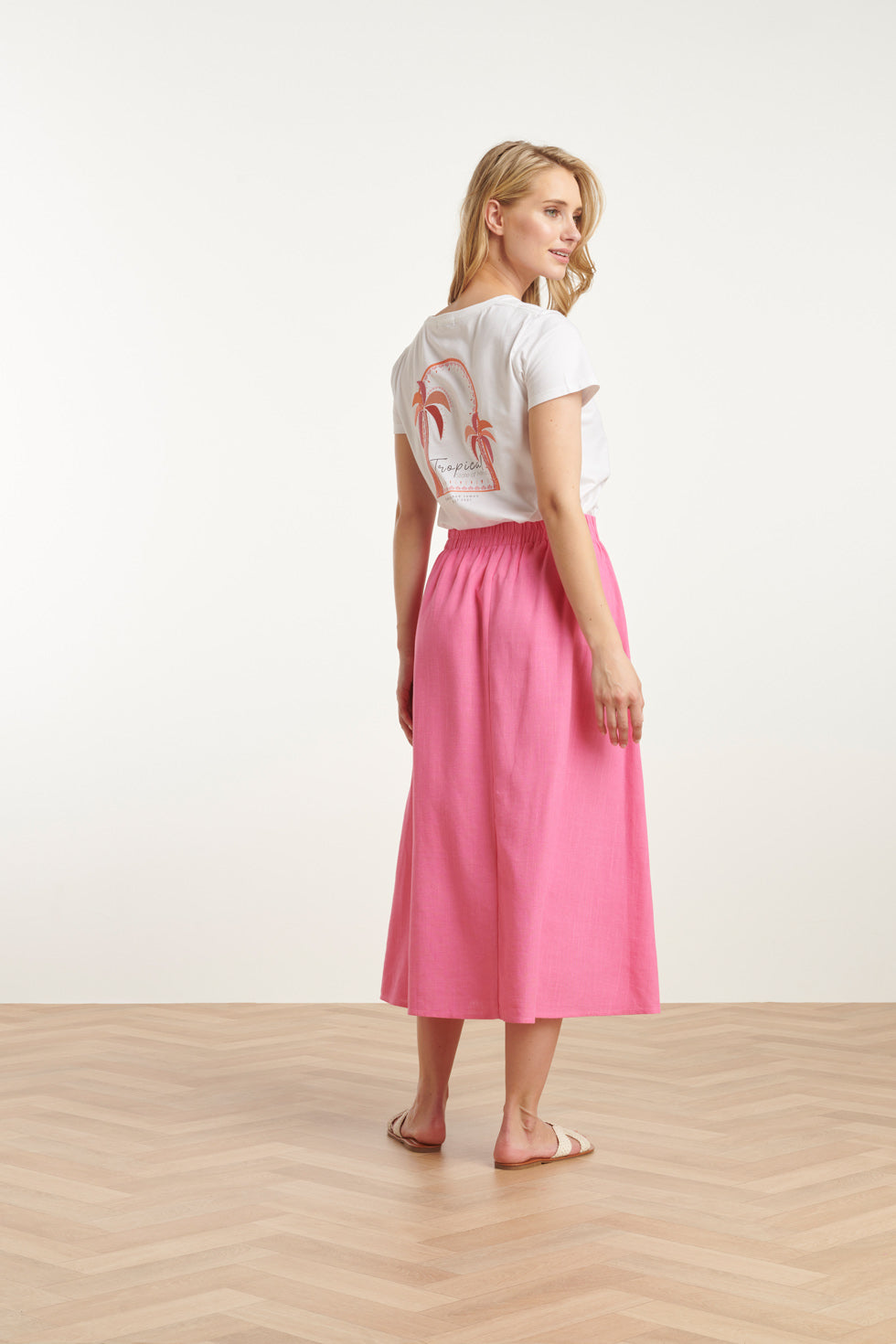 25229 Te Katoenen T-Shirt Met Palm Printborduurwerkperzik | White-Multicolour
