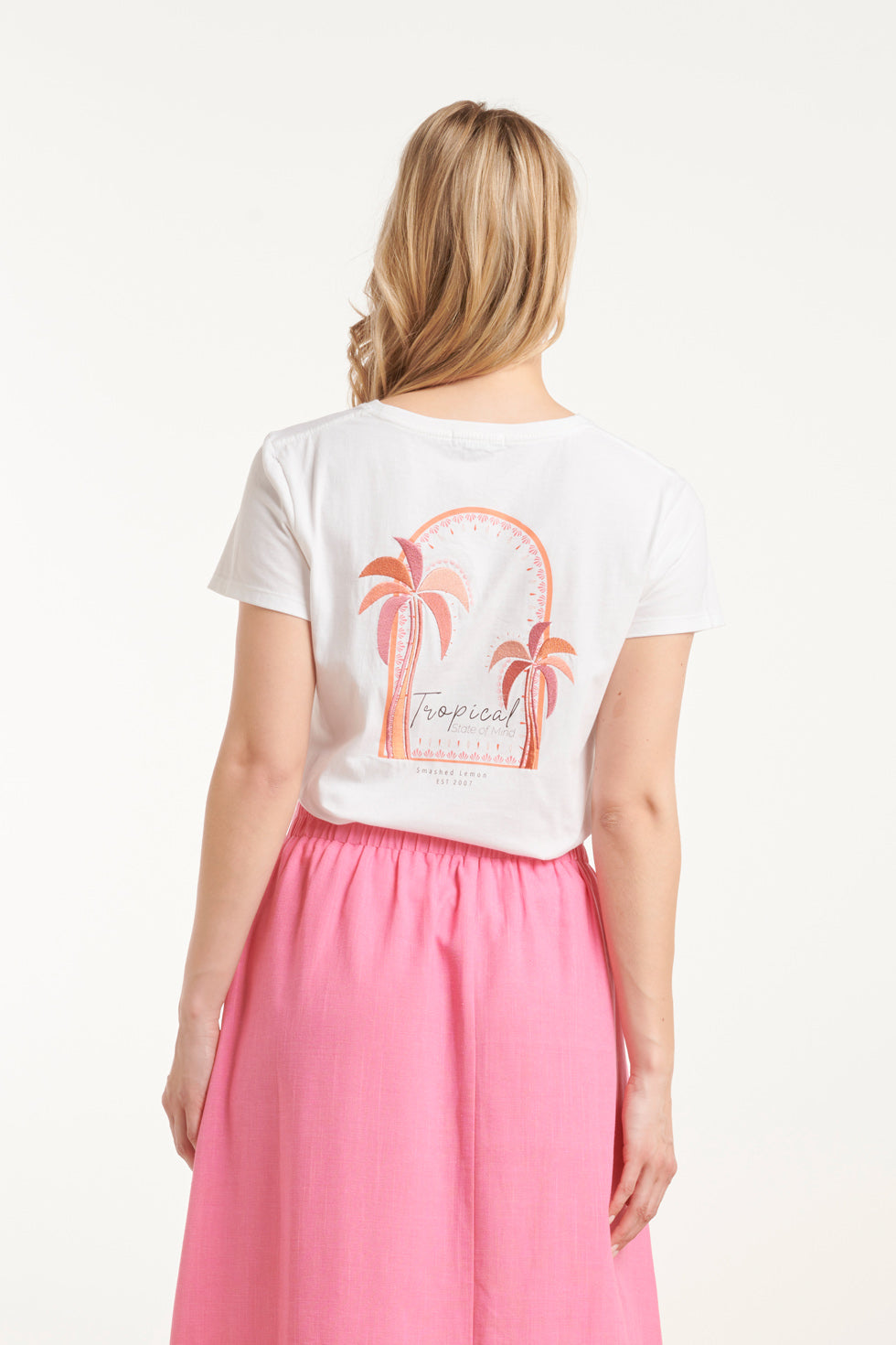 25229 Te Katoenen T-Shirt Met Palm Printborduurwerkperzik | White-Multicolour