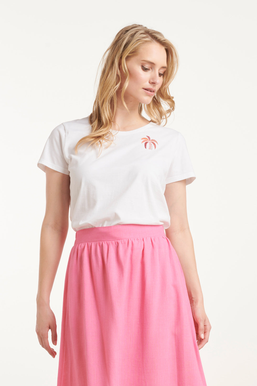 25229 Te Katoenen T-Shirt Met Palm Printborduurwerkperzik | White-Multicolour