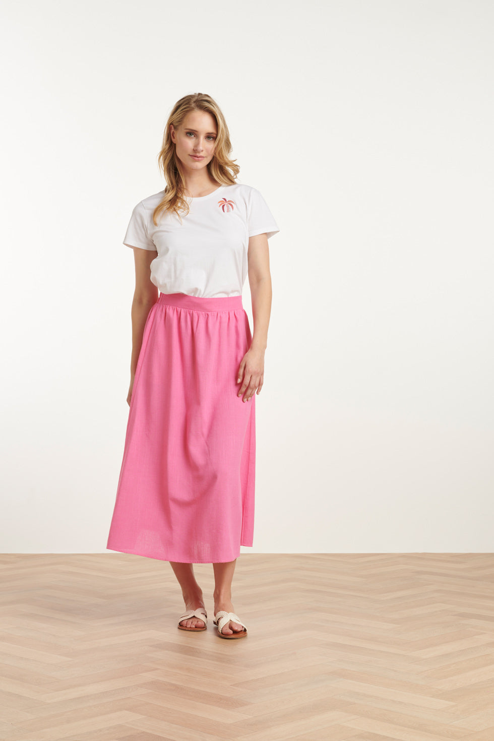 25229 Te Katoenen T-Shirt Met Palm Printborduurwerkperzik | White-Multicolour