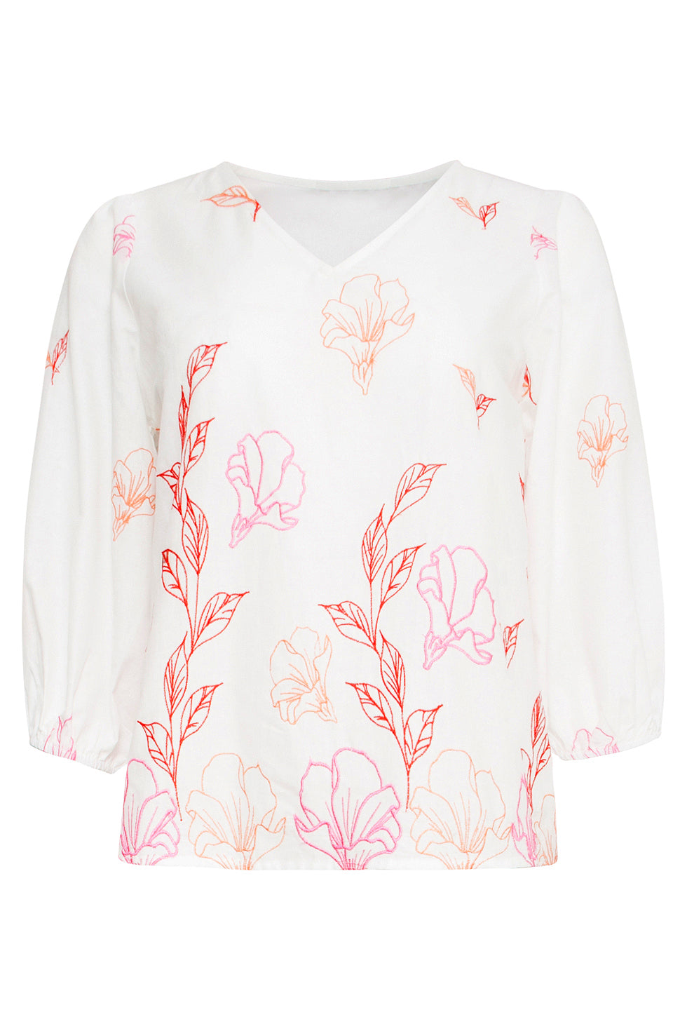 25262 Te Top Met Bloemenborduurselsv-Hals | White-Multicolour