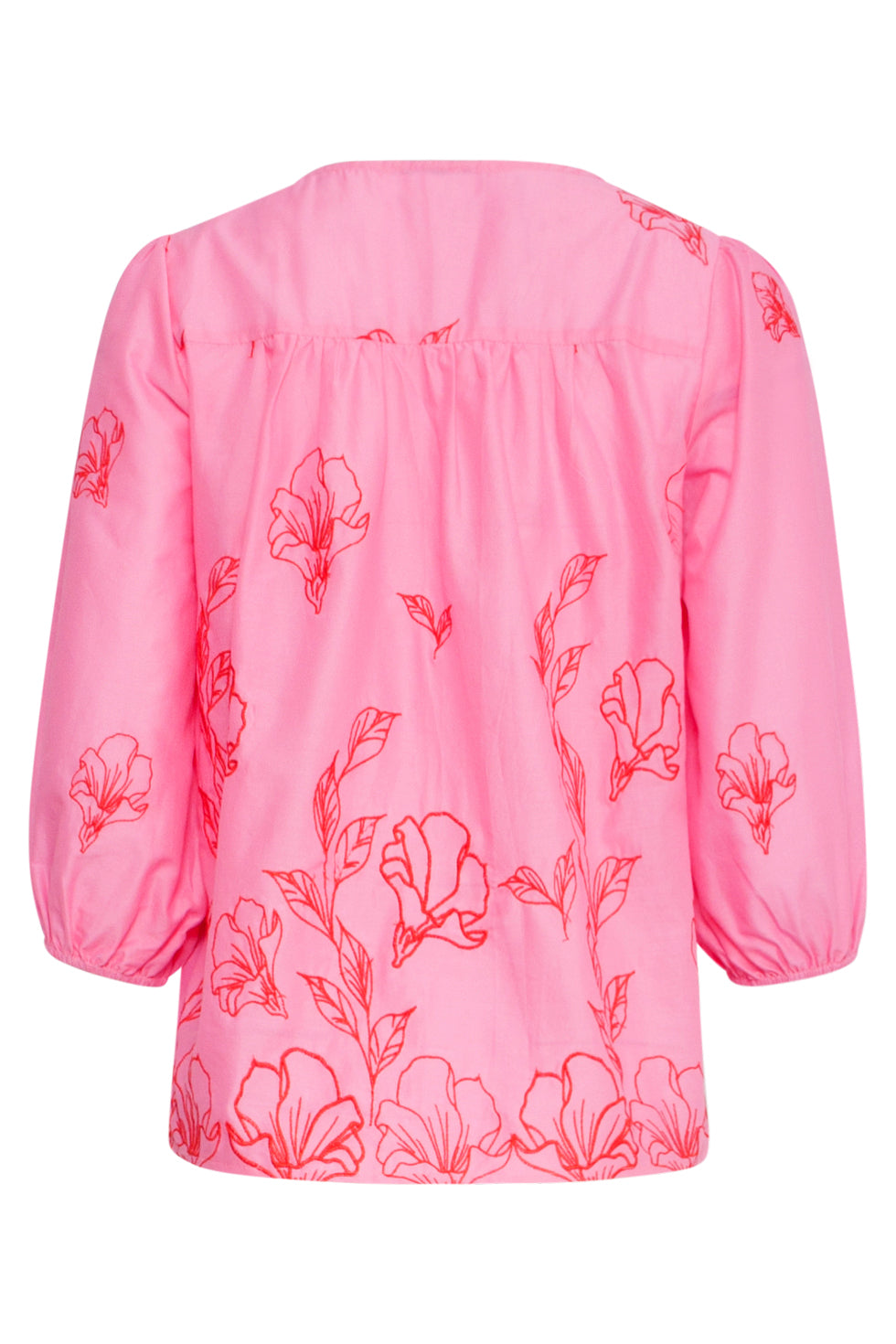 25262 Top Met Bloemenborduurselsv-Hals | Pink-Red