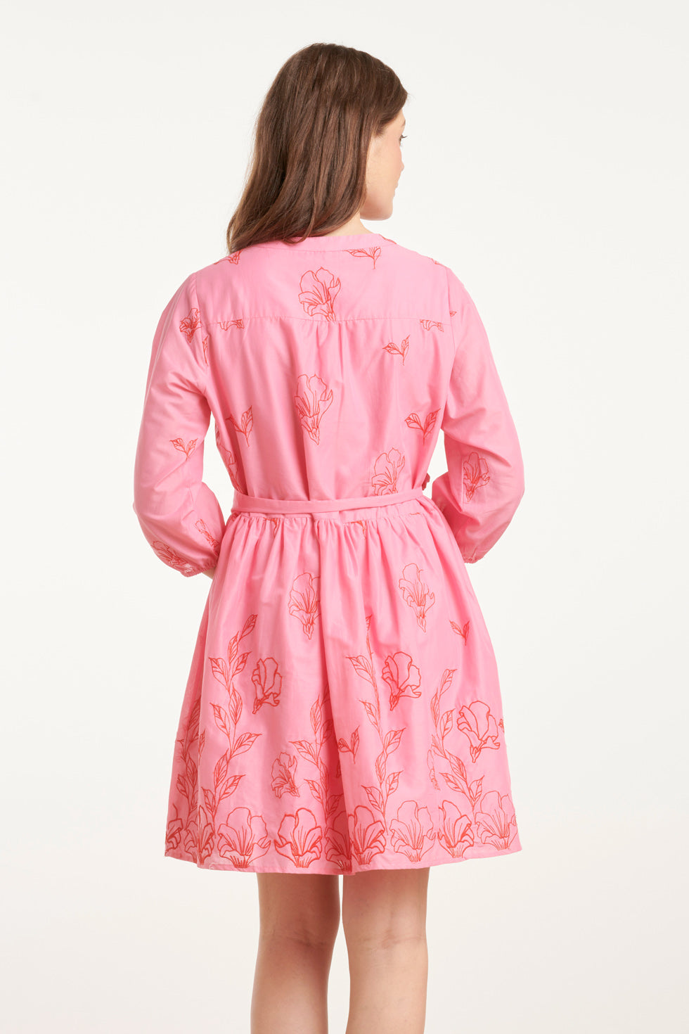 25263 Bloemen Geborduurde Korte Jurk Met V-Hals | Pink-Red