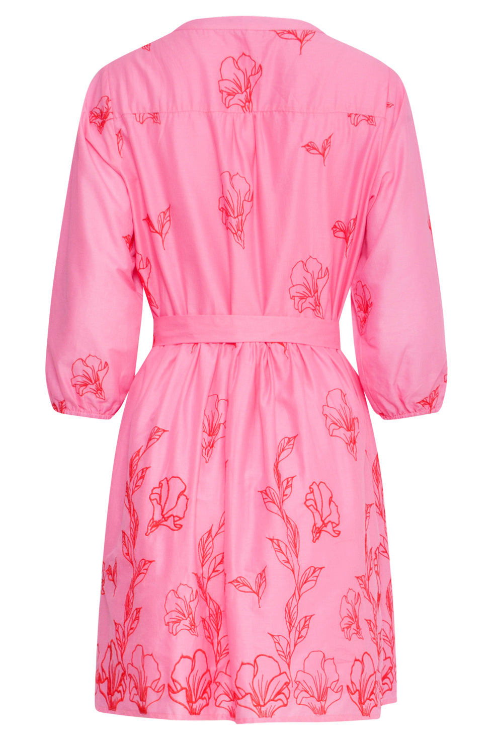 25263 Bloemen Geborduurde Korte Jurk Met V-Hals | Pink-Red