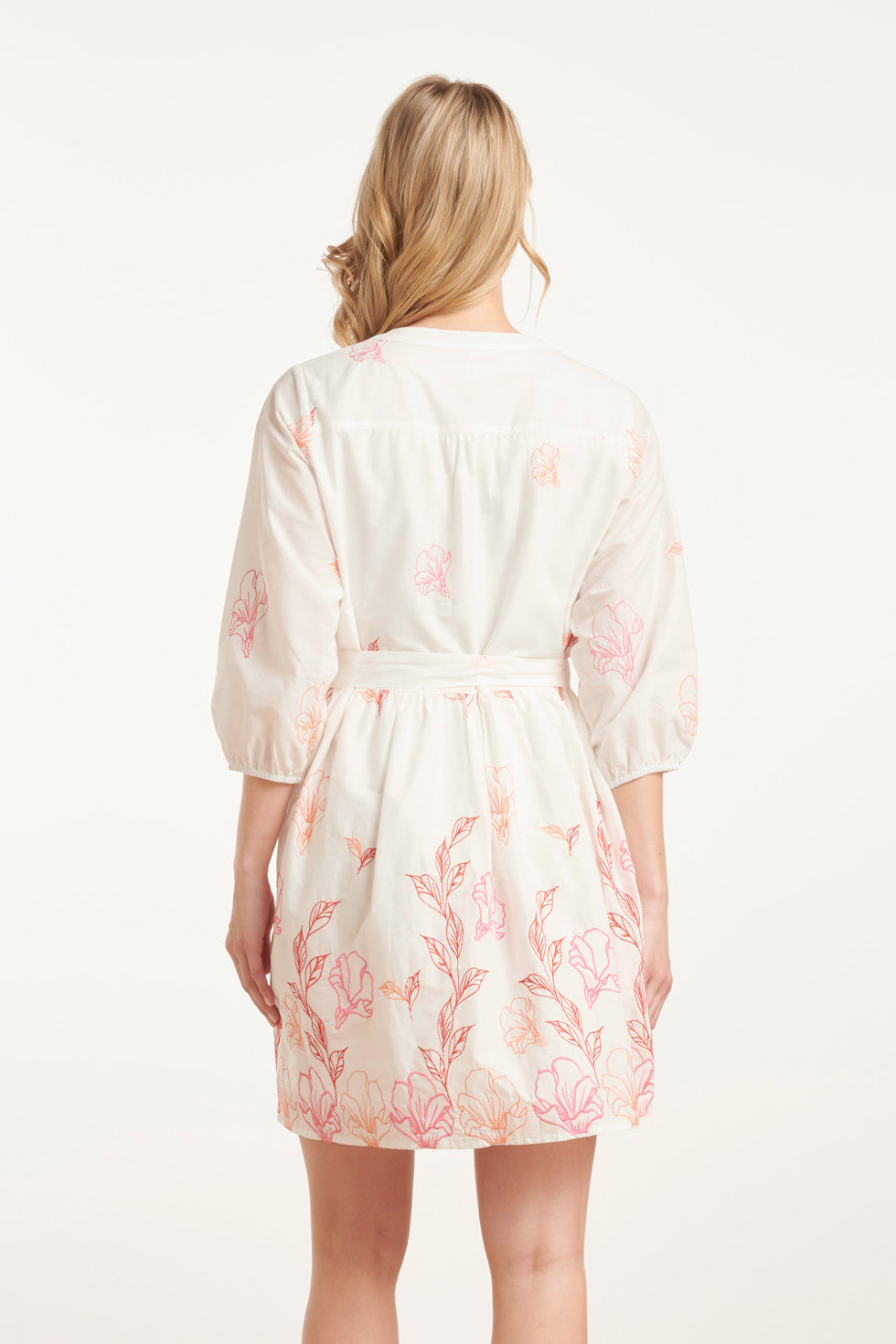 25263 Te Bloemen Geborduurde Korte Jurk Met V-Hals | White-Multicolour