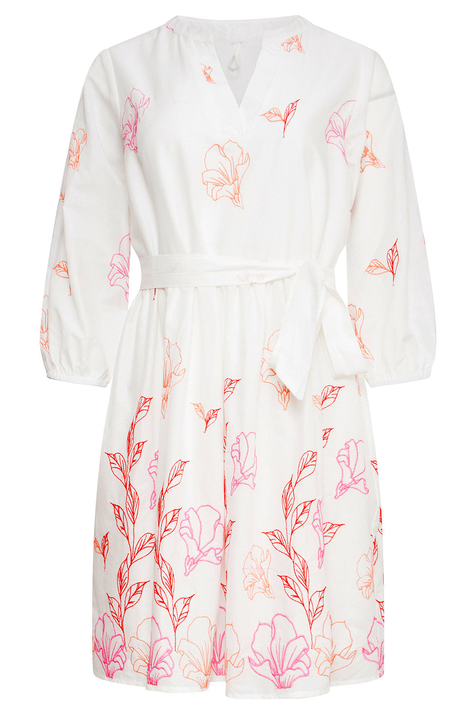 25263 Te Bloemen Geborduurde Korte Jurk Met V-Hals | White - Muticolour