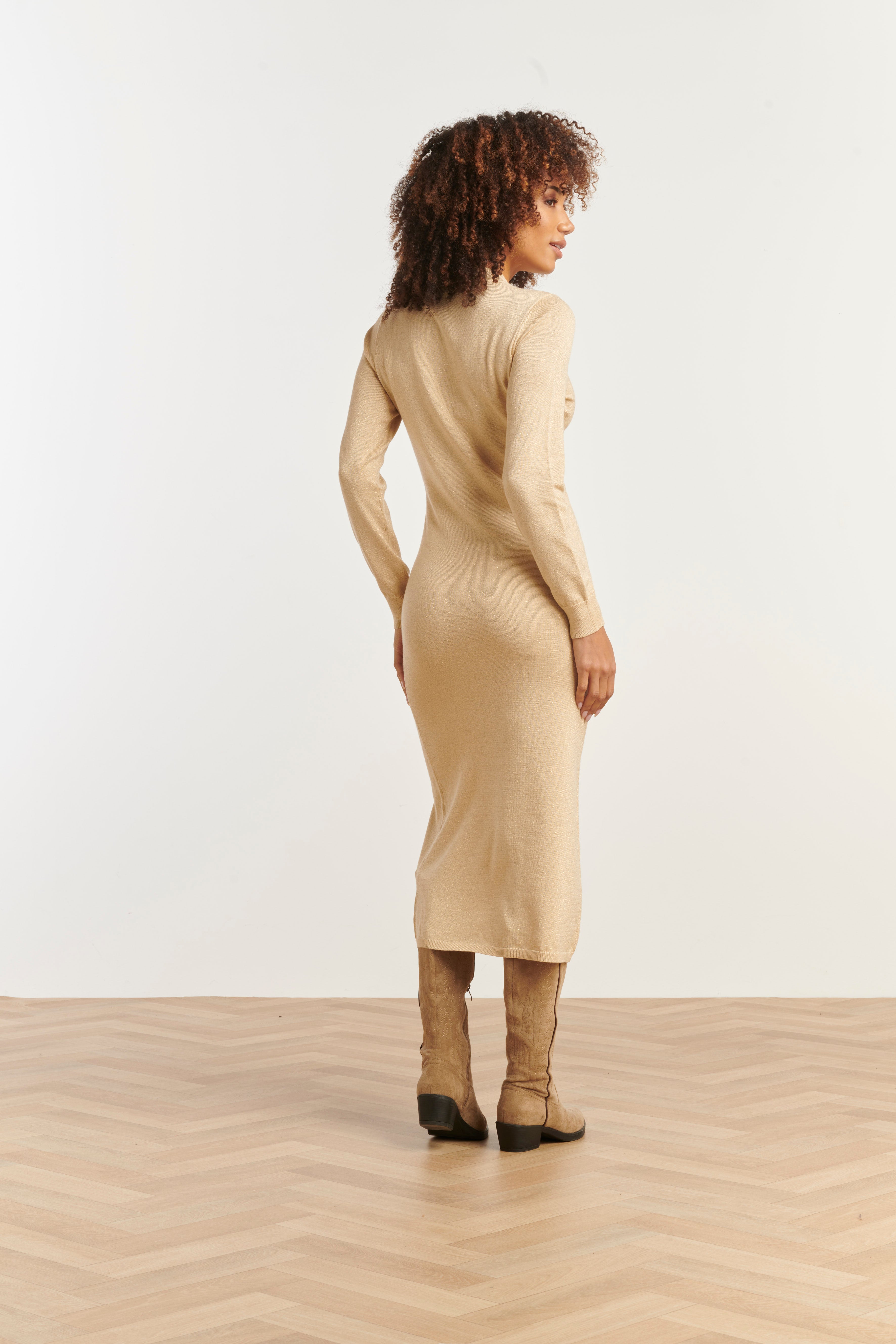 25503 Smashed Lemon Damesgebreide Jurk met Lurex | Sand