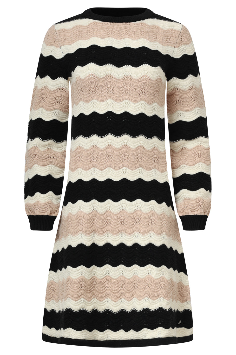 25527 Smashed Lemon Damesgebreide Jurk Zand met Golfpatroon Pof... | Black - Sand