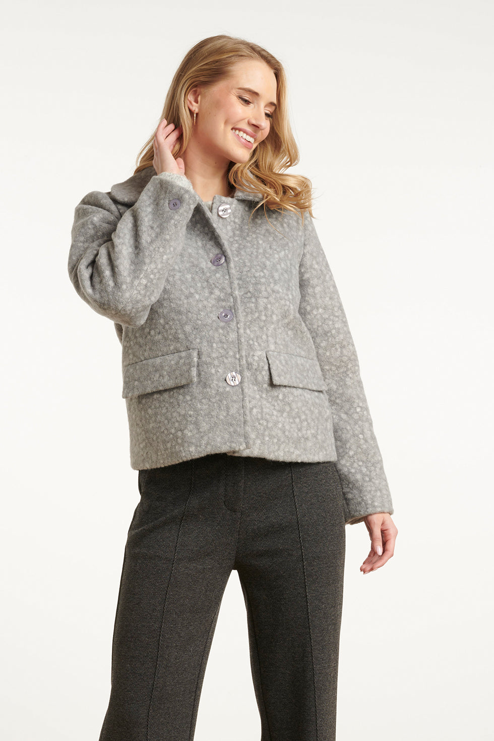 25552 Smashed Lemon Bouclé Jas met Kraag | Grey