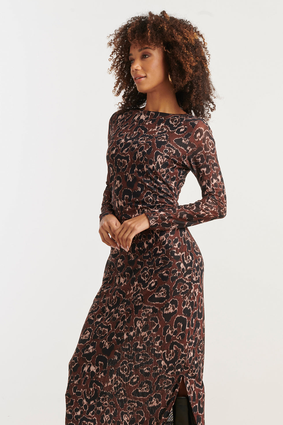 25564 Mesh Midi Jurk Met CheetahprInt in Bruin En Zwart | Brown - Black