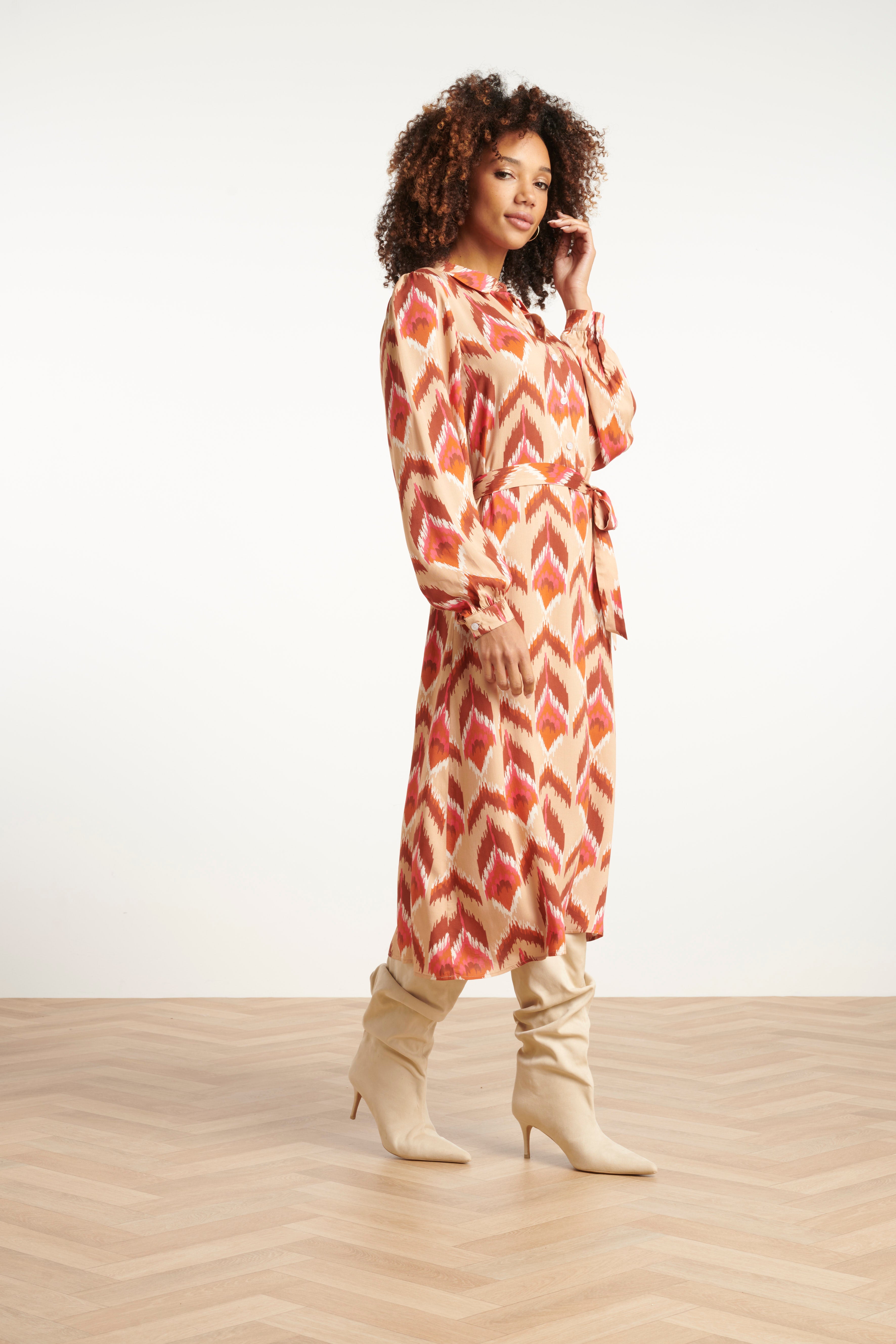 25572 Aztec Midi Jurk In Warmroze En Camel | Camel - Muticolour