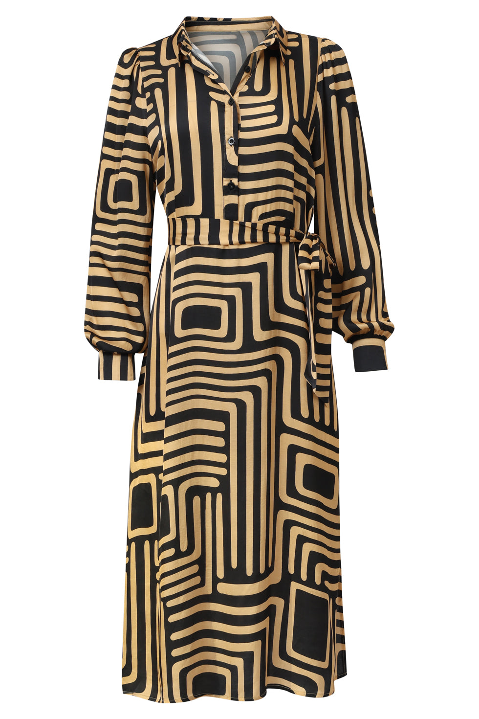 25578 Zwart en Goud Grafische geprint Midi Jurk met Kraag | Black - Camel