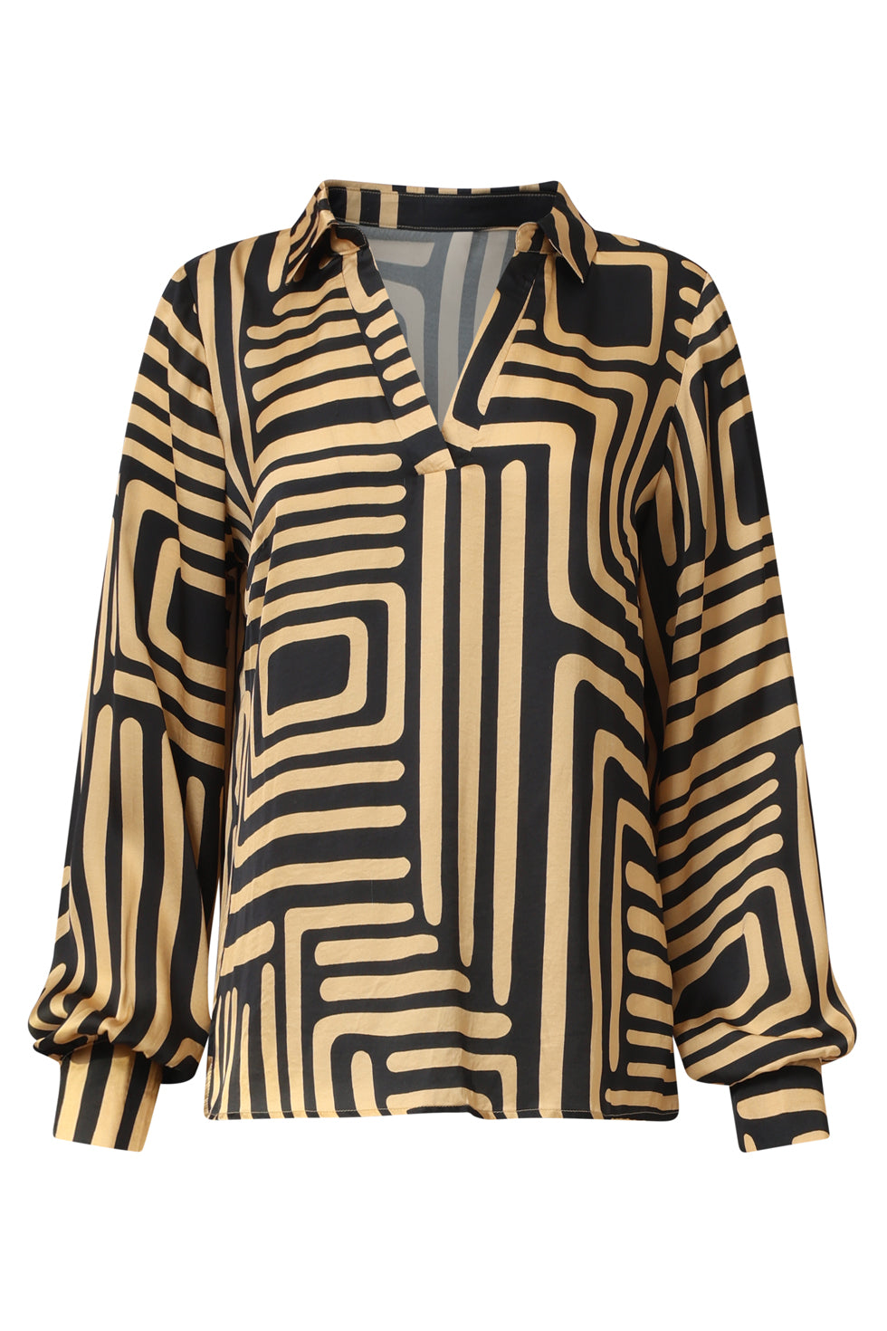 25579 Zwart En Goud Grafische Geprint Top Met Kraag | Black - Camel