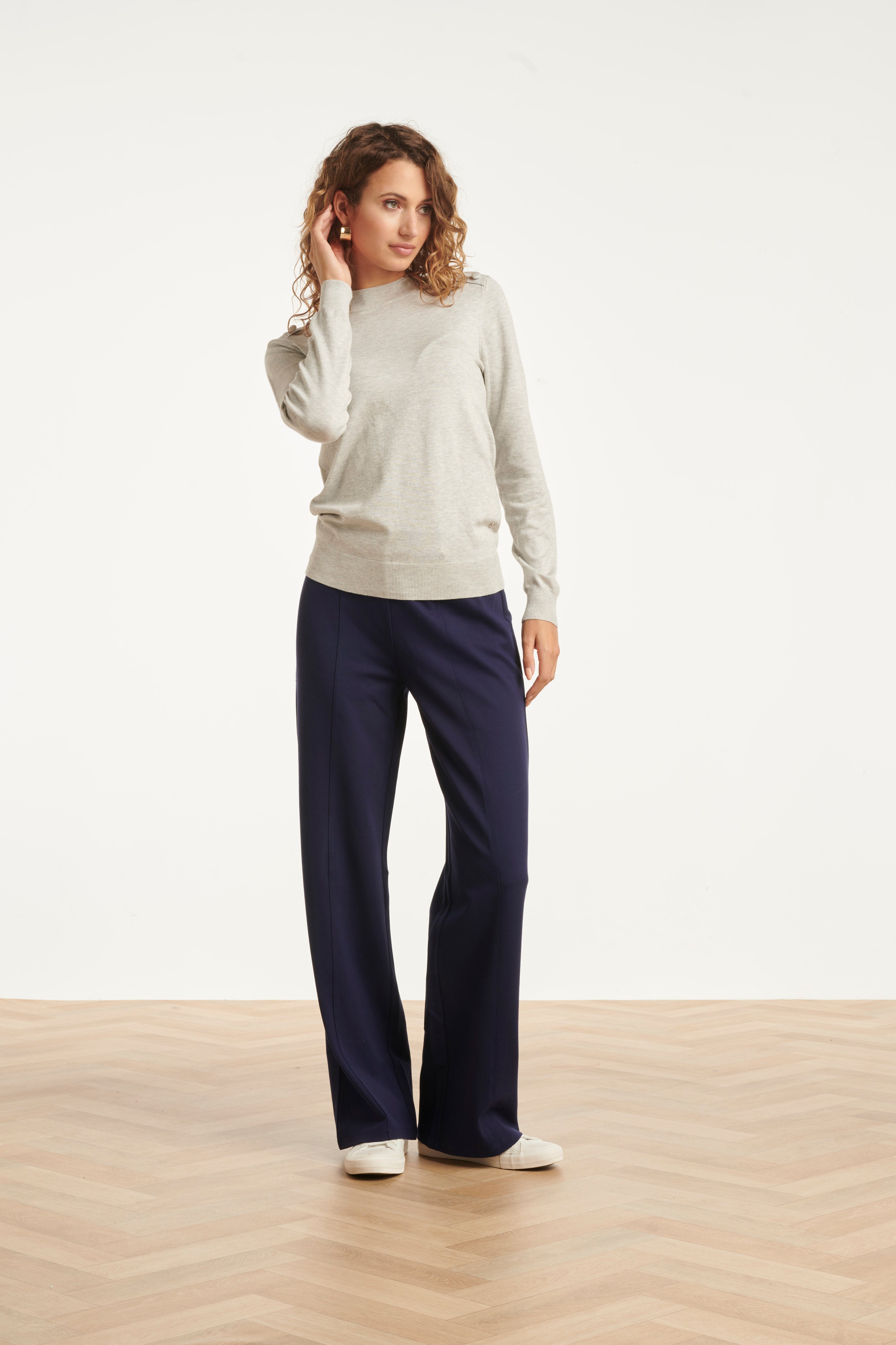 25636 Smashed Lemon Damesstretch Charcoal Broek met Wijde Pijpen | Navy