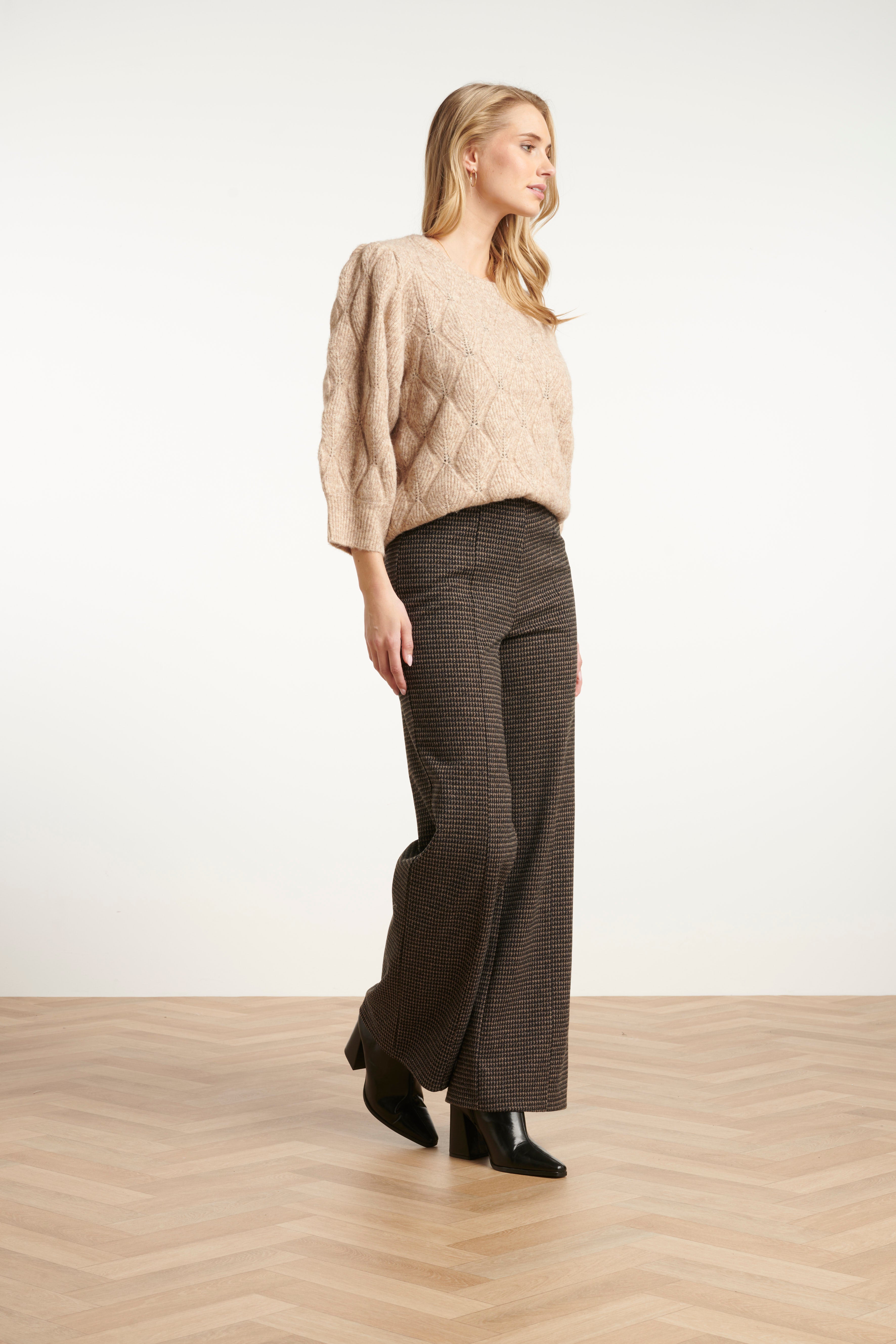 25639 Zwart En Zand Houndstooth Broek | Black - Sand