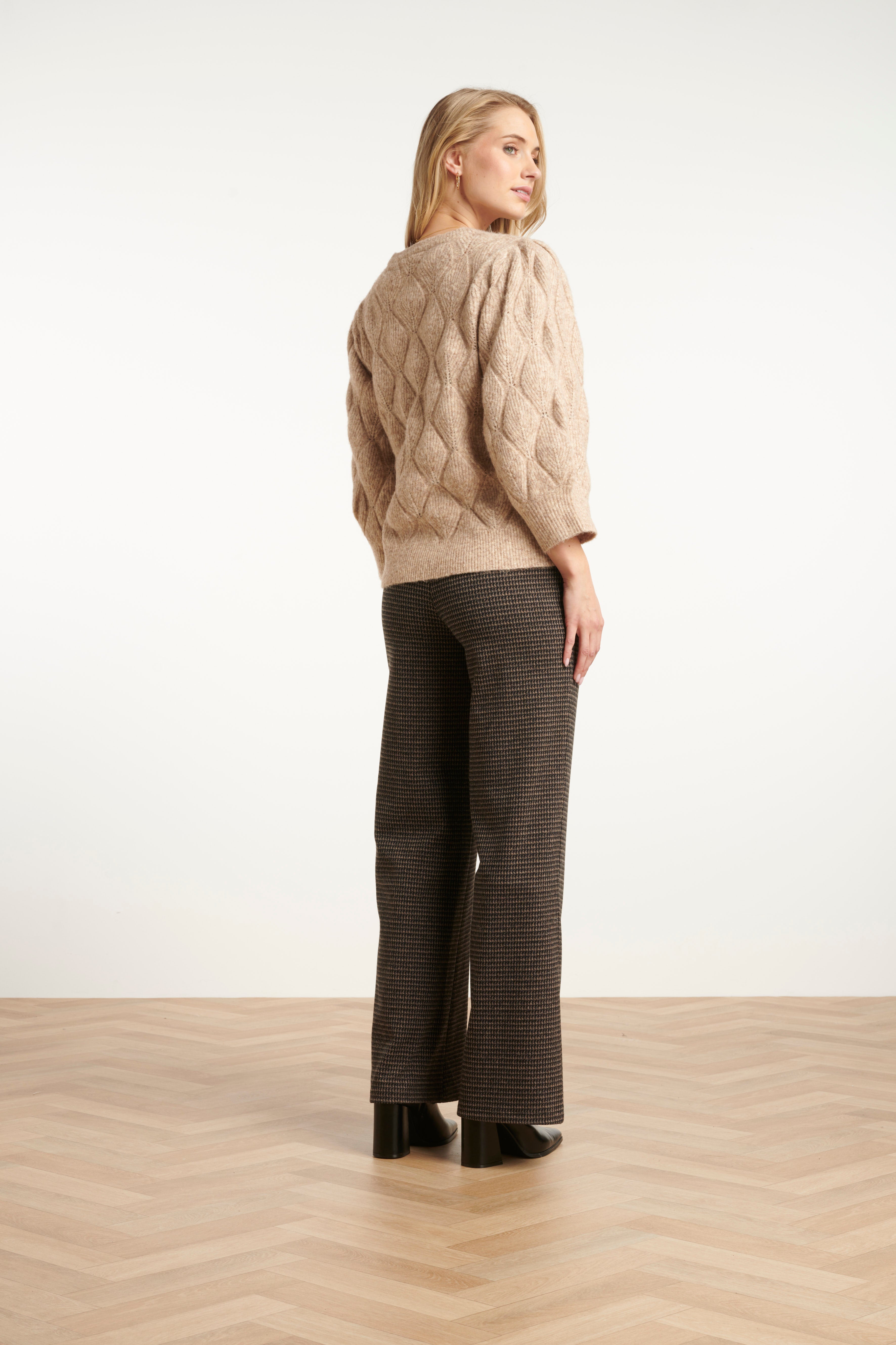 25639 Zwart en Zand Houndstooth Broek | Black - Sand