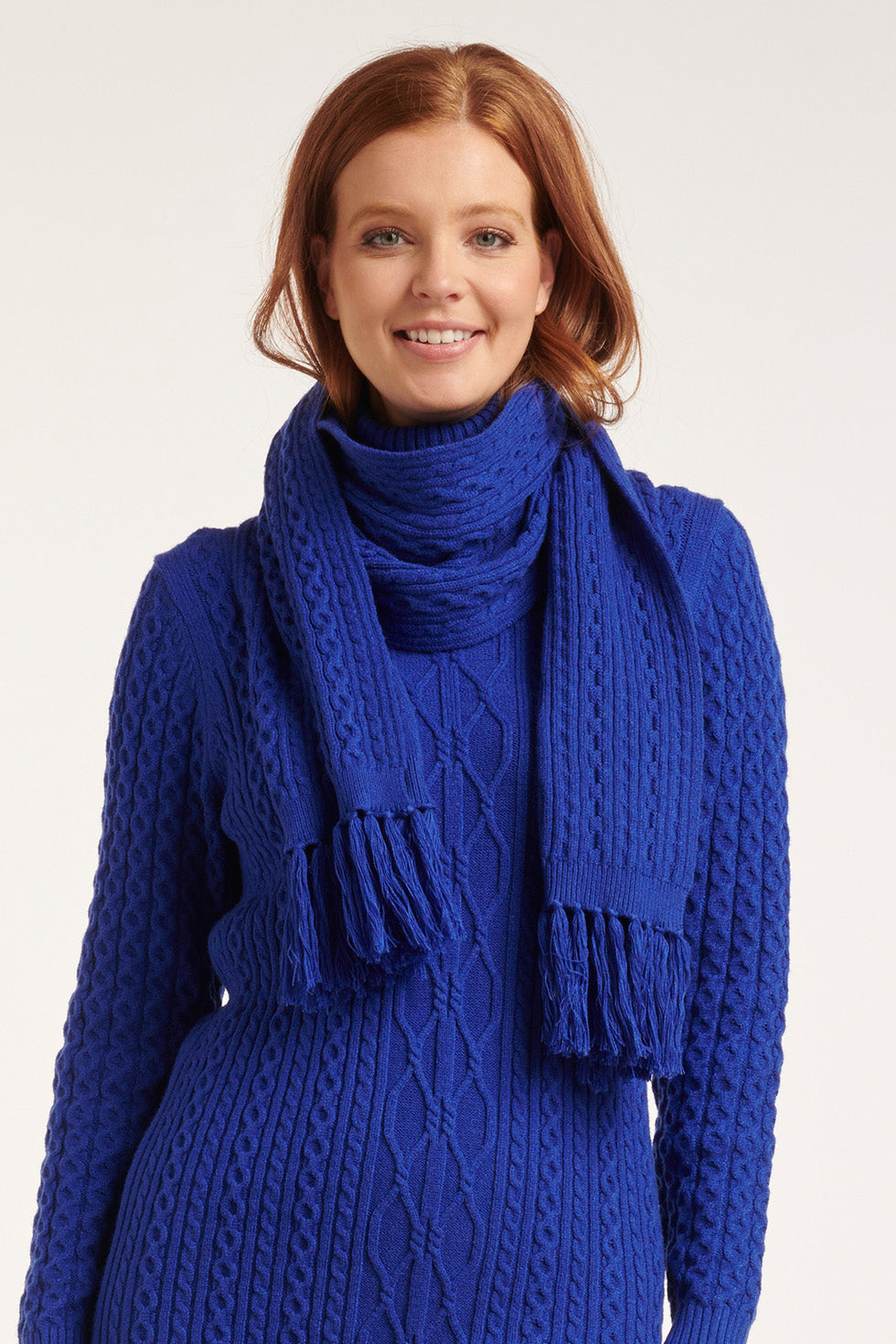 52210 Kabelgebreide Cobalt Sjaal Met Franjes | Cobalt Blue