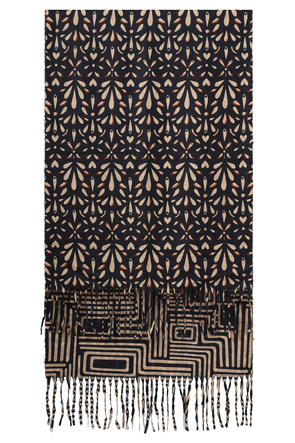 55302 Dubbelzijdige Sjaal Met OrnamentprInt in Zwart,Camel Een Goud | Black - Camel