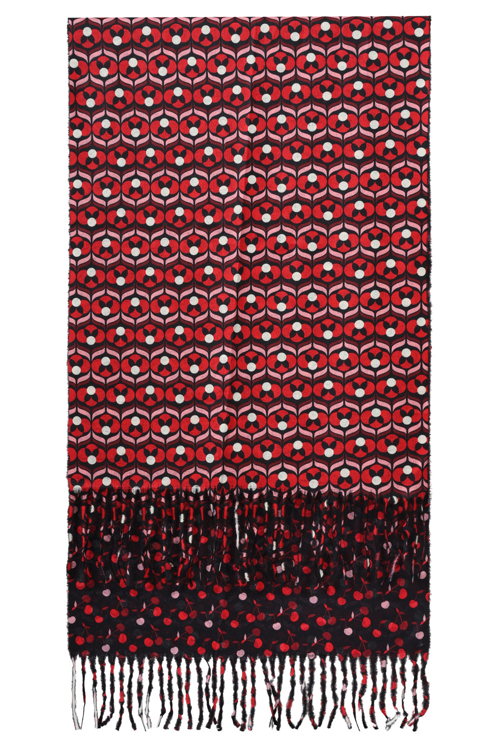 55304 Dubbelzijdige Retro Kers GeprInt Sjaal in Zwart En Rood | Black - Red