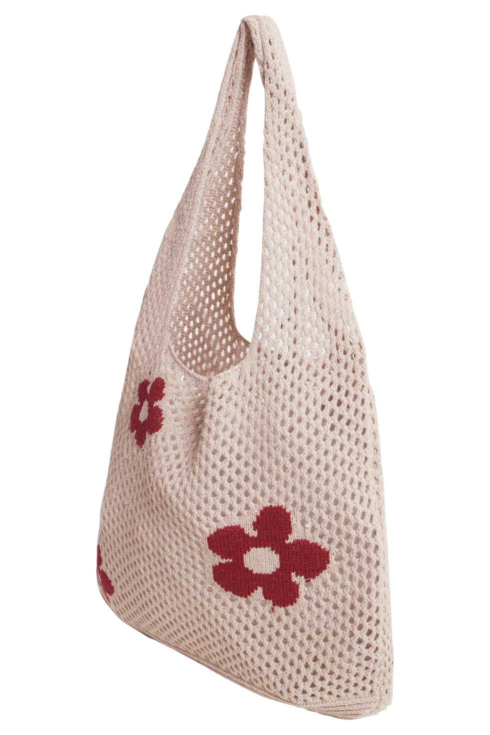 56006 Dames Gehaakte Schoudertas - Te Met Bloemenprint | Beige-Red