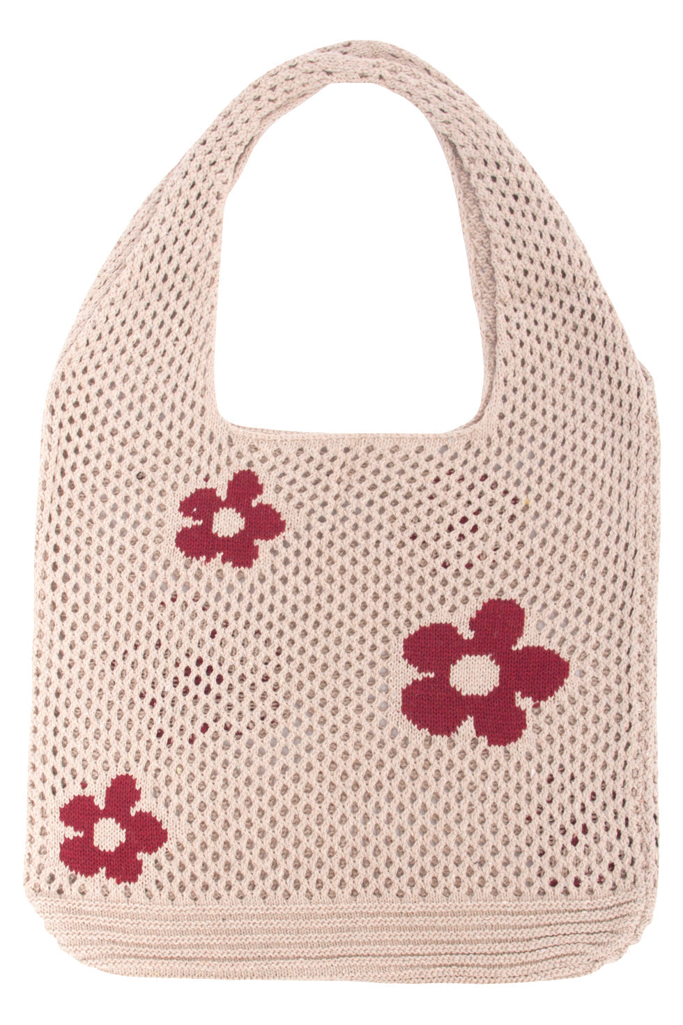 56006 Dames Gehaakte Schoudertas - Te Met Bloemenprint | Beige-Red