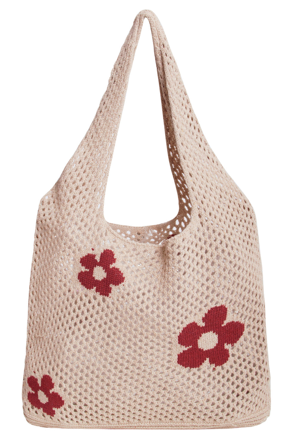 56006 Dames Gehaakte Schoudertas - Te Met Bloemenprint | Beige-Red