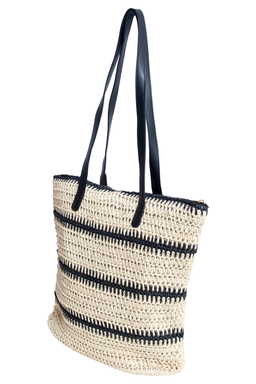 56015 Gestreepte Papieren Geweven Shopper Schoudertas - | Sand-Black