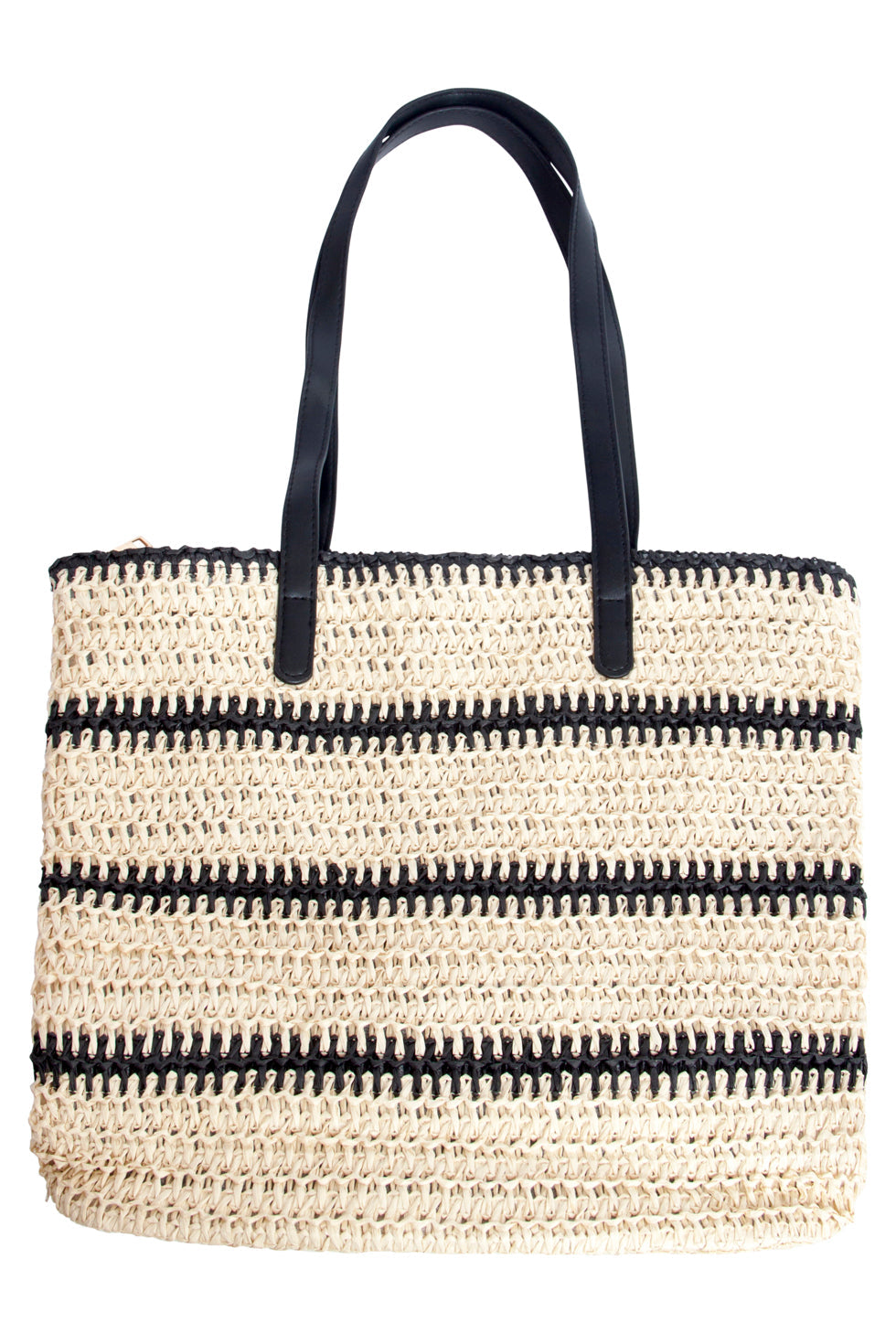 56015 Gestreepte Papieren Geweven Shopper Schoudertas - | Sand-Black