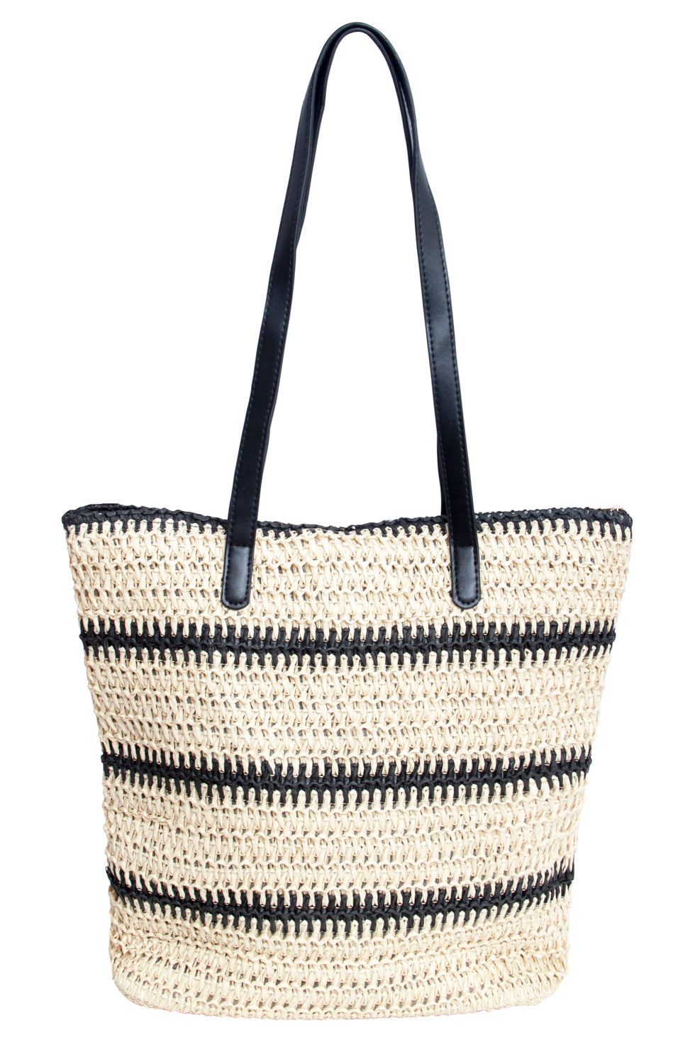 56015 Gestreepte Papieren Geweven Shopper Schoudertas - | Sand-Black