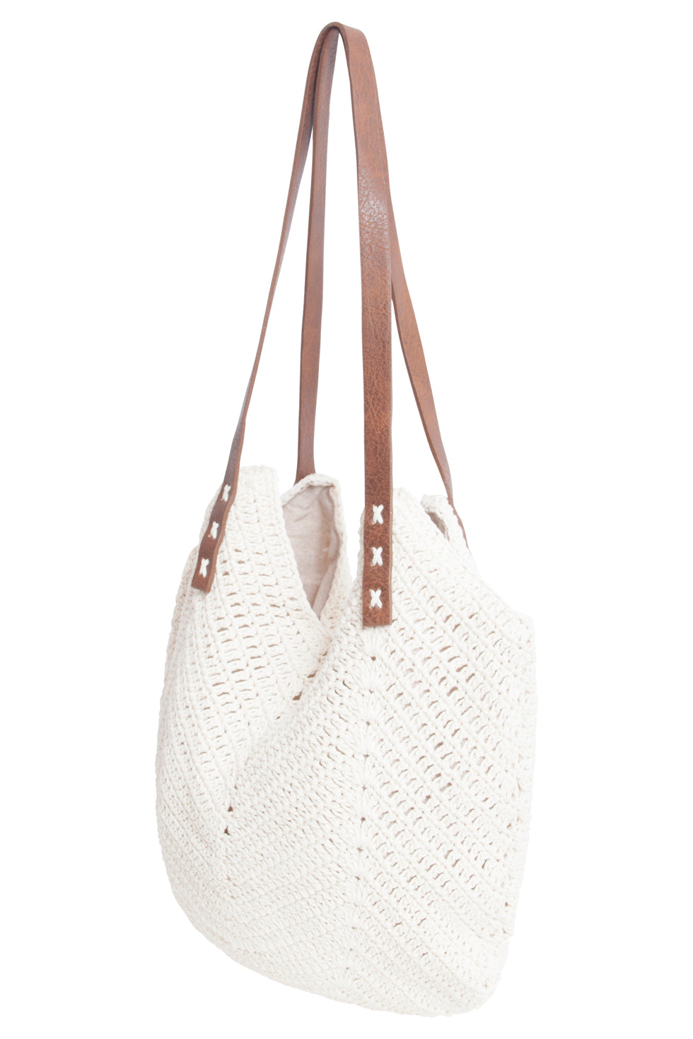 56023 Gehaakte Schoudertas - Met Vegan Leren Banden | White