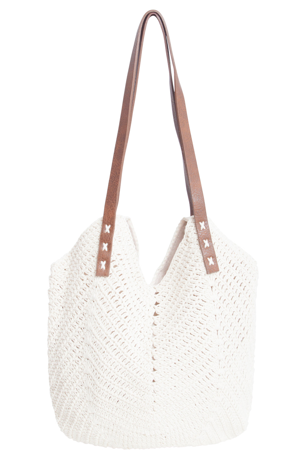 56023 Gehaakte Schoudertas - Met Vegan Leren Banden | White