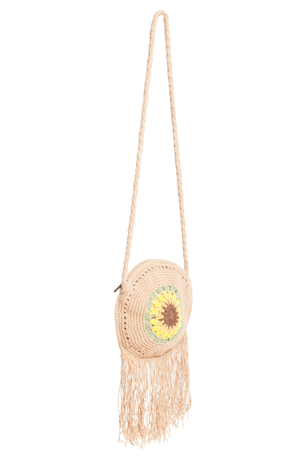 56024 Gehaakte Ronde Crossbody Tas - Donker Met Zonnebloemprint | Dark Sand-Multi