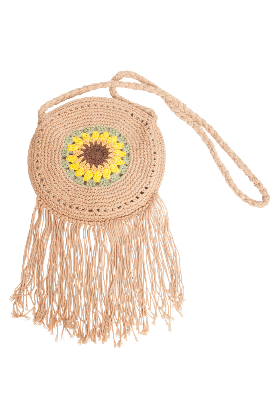 56024 Gehaakte Ronde Crossbody Tas - Donker Met Zonnebloemprint | Dark Sand-Multi