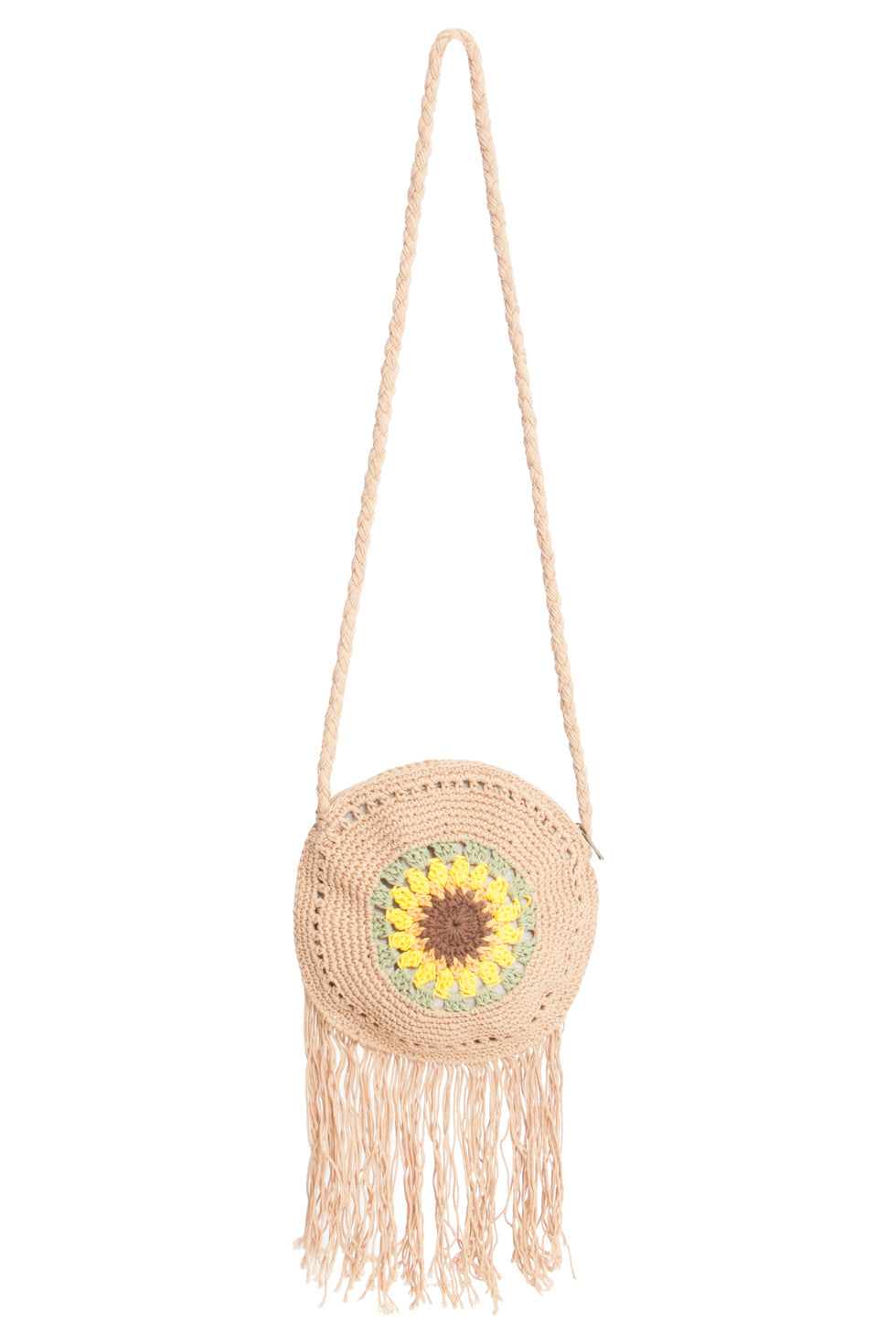 56024 Gehaakte Ronde Crossbody Tas - Donker Met Zonnebloemprint | Dark Sand-Multi
