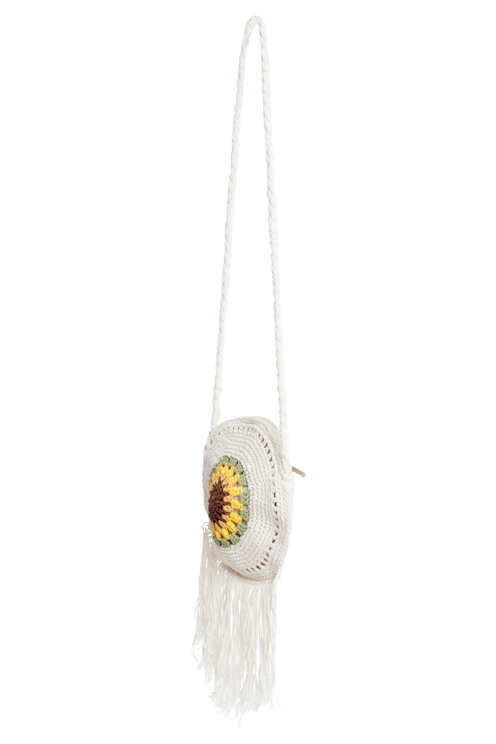 56024 Gehaakte Ronde Crossbody Tas - Met Zonnebloemprint | White-Multicolour