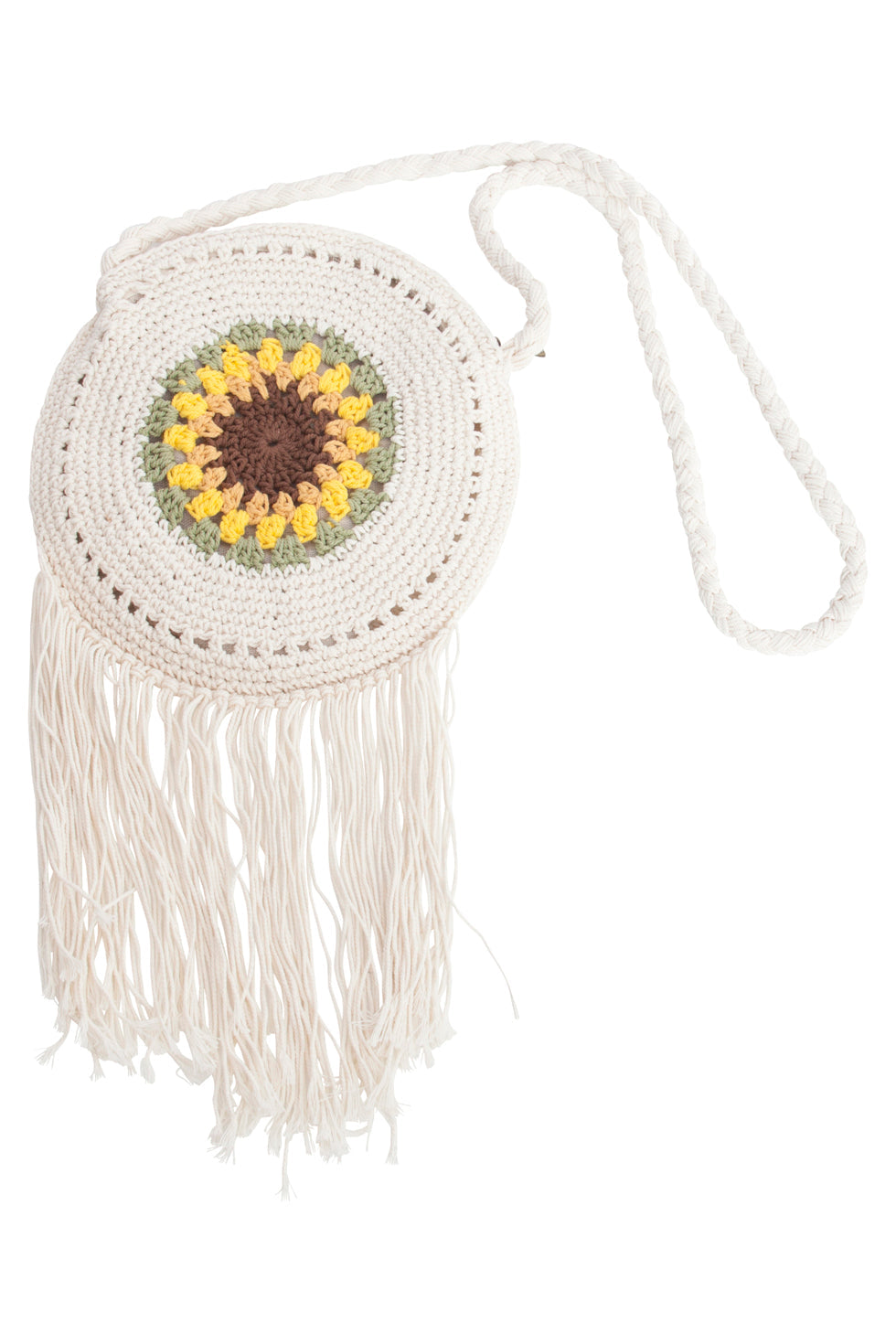 56024 Gehaakte Ronde Crossbody Tas - Met Zonnebloemprint | White-Multicolour