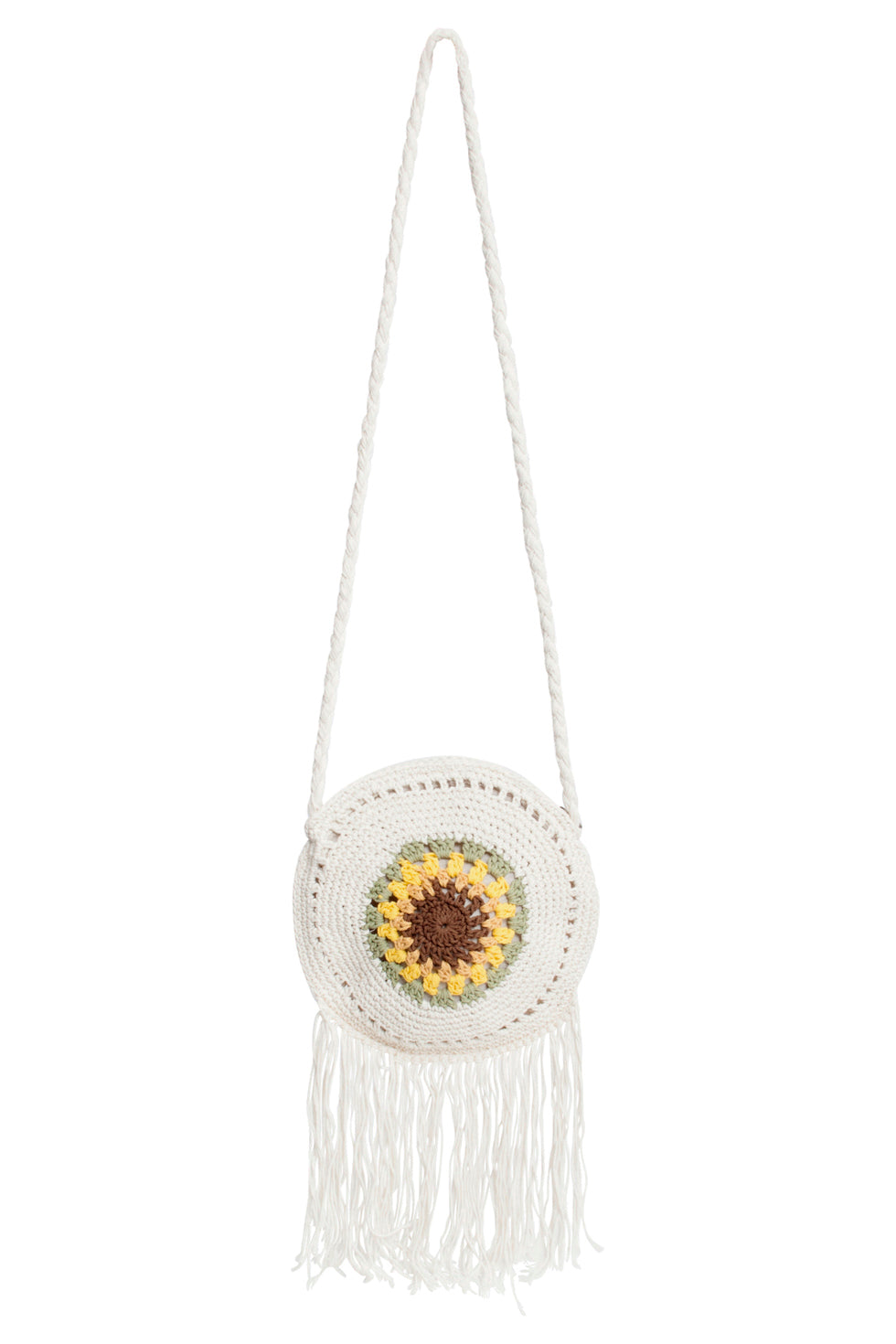 56024 Gehaakte Ronde Crossbody Tas - Met Zonnebloemprint | White-Multicolour