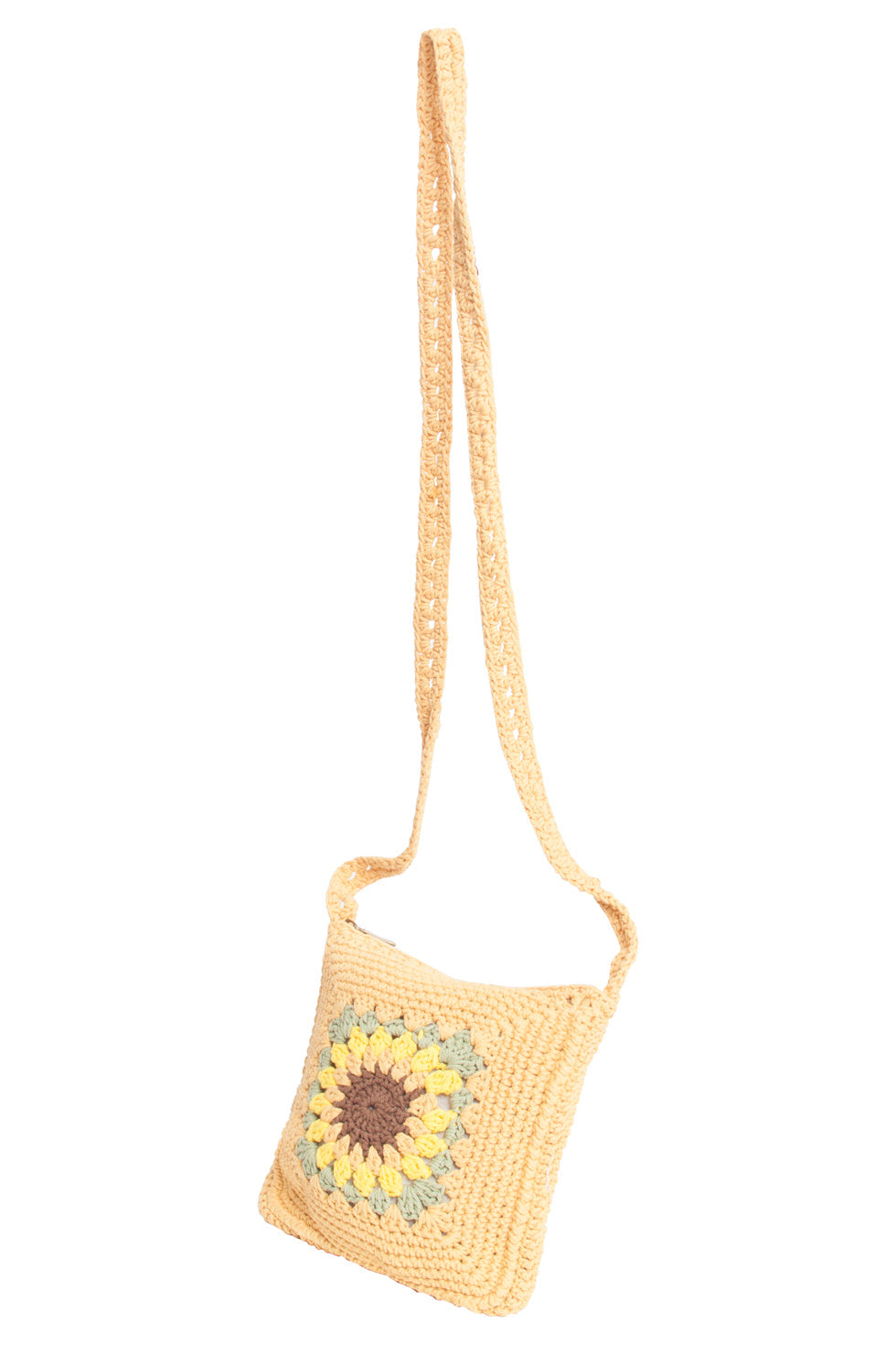 56025 Gehaakte Vierkante Crossbody Tas - Donker Met Zonnebloemprint | Dark Sand-Multi