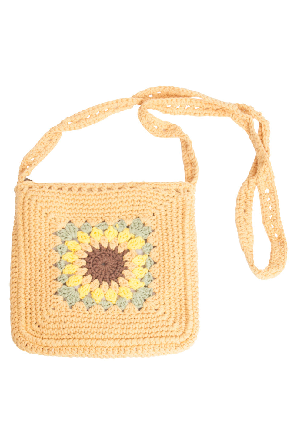 56025 Gehaakte Vierkante Crossbody Tas - Donker Met Zonnebloemprint | Dark Sand-Multi