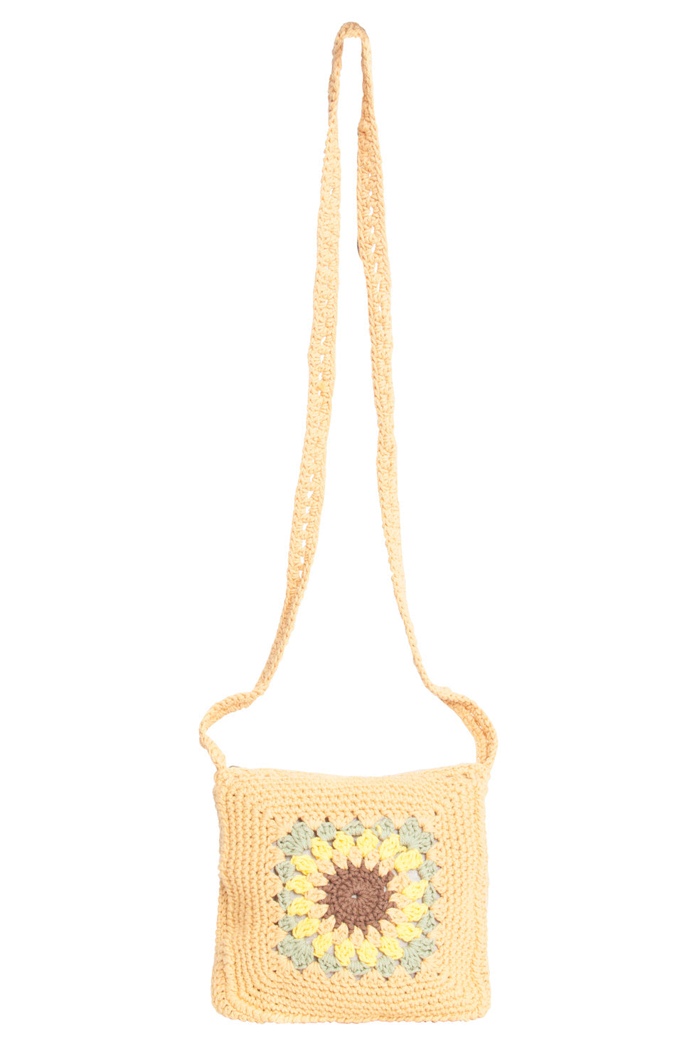 56025 Gehaakte Vierkante Crossbody Tas - Donker Met Zonnebloemprint | Dark Sand-Multi