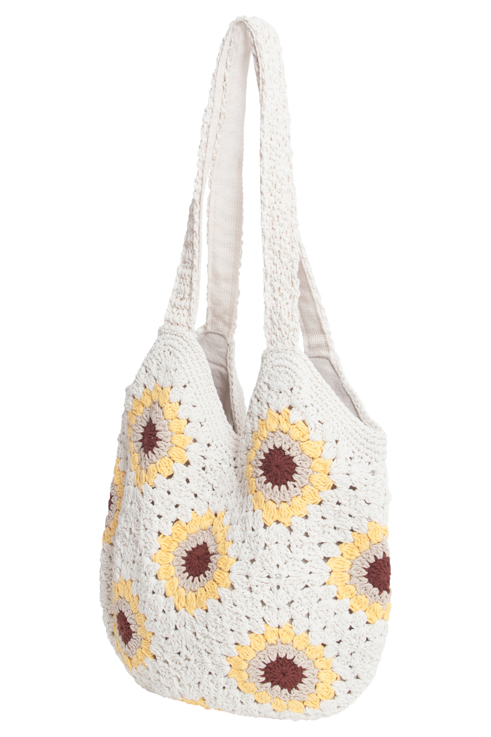 56027 Gehaakte Schoudertas - Crochet Structuur Met Zonnebloemdesign | White-Multicolour