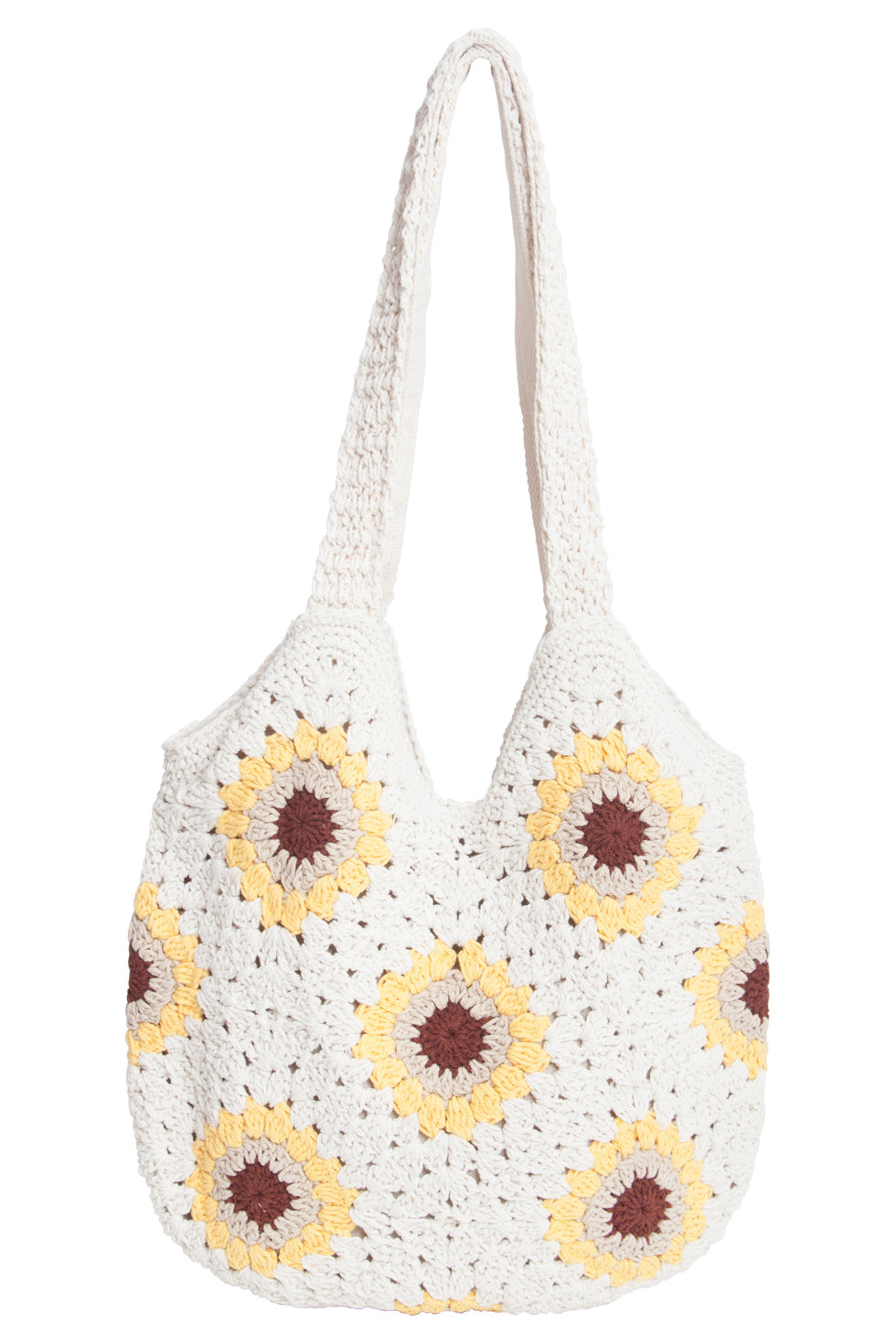 56027 Gehaakte Schoudertas - Crochet Structuur Met Zonnebloemdesign | White-Multicolour