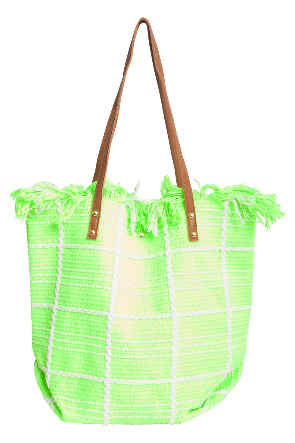 56030 Shopper Schoudertas - Licht Met Geruit Borduurselfranjes | Light Green
